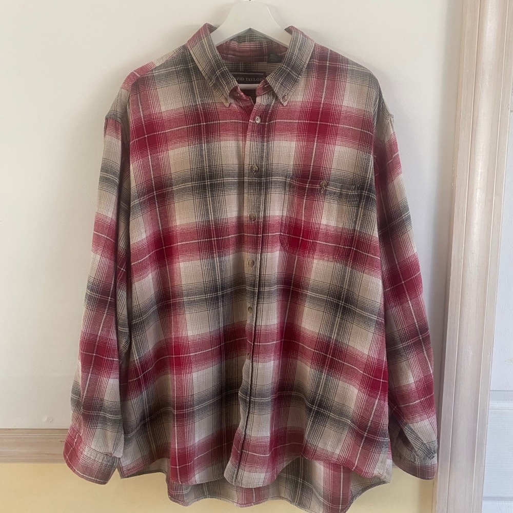 David Taylor Mens 2X‎ Large Plaid Flannel Button Up Shirt Red Tan Black Cotton